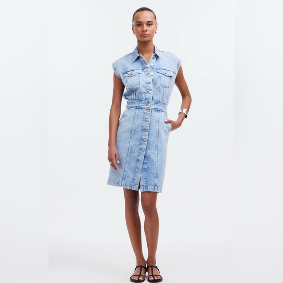 Madewell Denim Cap-Sleeve Shirtdress in Aquino Wash Size 4 Button-Down - Picture 3 of 12
